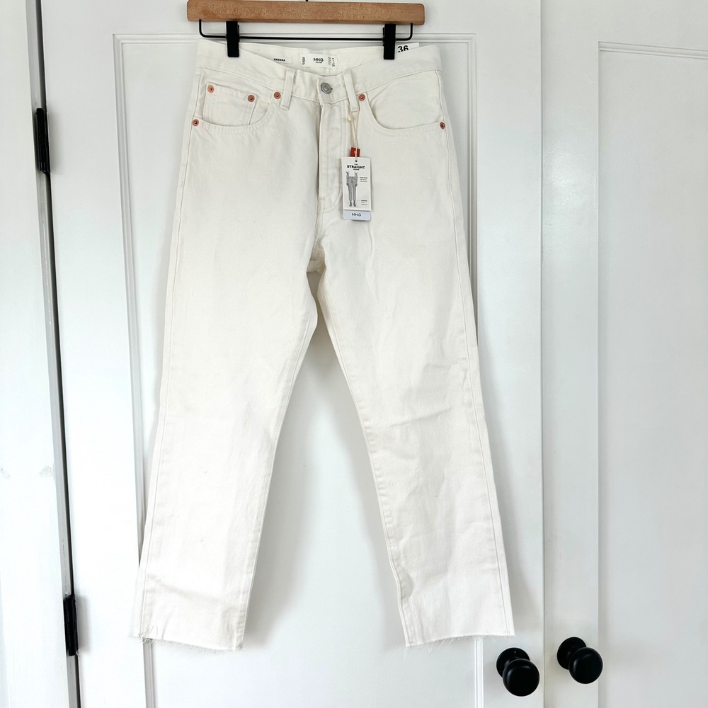 MNG NWT Havana Straight Leg Jeans Cropped Raw Hem‎ High Waist White Size 4